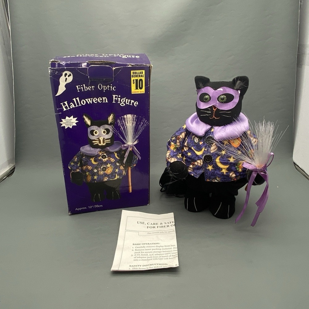 Vintage Halloween Fiber Optic Black Cat 12" Light Up Figure Decor W/ Box
